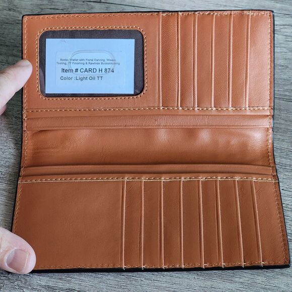 Country Western Floral Tooled Geometric Leather Rodeo Wallet Rawhide Buck Stitch - Picture 7 of 7